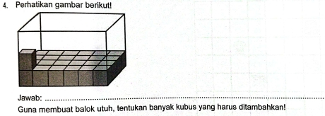 Perhatikan gambar berikut! 
Jawab:_ 
Guna membuat balok utuh, tentukan banyak kubus yang harus ditambahkan!