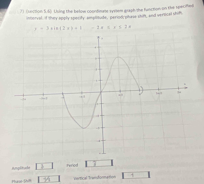 (section 5.6) Using the below coordinate system graph the function on the specified 
interval. If they apply specify amplitude, period, phase shift, and vertical shift.
y=3sin (2x)+1-2π ≤ x≤ 2π
Amplitude Period 1 
Phase-Shift Vertical Transformation 1