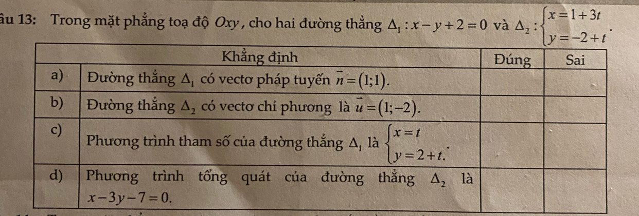 ầu 13: Trong mặt phẳng toạ độ Oxy , cho hai đường thắng △ _1:x-y+2=0 và Delta _2:beginarrayl x=1+3t y=-2+tendarray. .