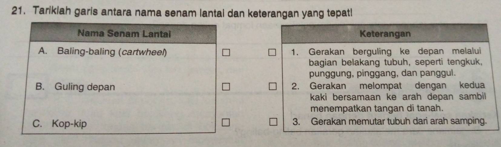 Tariklah garis antara nama senam lantai dan keterangan yang tepatl 
Keterangan 
1. Gerakan berguling ke depan melalui 
bagian belakang tubuh, seperti tengkuk, 
punggung, pinggang, dan panggul. 
2. Gerakan melompat dengan kedua 
kaki bersamaan ke arah depan sambil 
menempatkan tangan di tanah. 
3. Gerakan memutar tubuh dari arah samping.