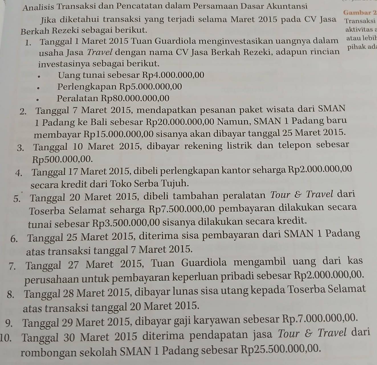 Analisis Transaksi dan Pencatatan dalam Persamaan Dasar Akuntansi
Gambar 2
Jika diketahui transaksi yang terjadi selama Maret 2015 pada CV Jasa Transaksi
Berkah Rezeki sebagai berikut. aktivitas 
1. Tanggal 1 Maret 2015 Tuan Guardiola menginvestasikan uangnya dalam atau lebil
usaha Jasa Travel dengan nama CV Jasa Berkah Rezeki, adapun rincian pihak ada
investasinya sebagai berikut.
Uang tunai sebesar Rp4.000.000,00
Perlengkapan Rp5.000.000,00
Peralatan Rp80.000.000,00
2. Tanggal 7 Maret 2015, mendapatkan pesanan paket wisata dari SMAN
1 Padang ke Bali sebesar Rp20.000.000,00 Namun, SMAN 1 Padang baru
membayar Rp15.000.000,00 sisanya akan dibayar tanggal 25 Maret 2015.
3. Tanggal 10 Maret 2015, dibayar rekening listrik dan telepon sebesar
Rp500.000,00.
4. Tanggal 17 Maret 2015, dibeli perlengkapan kantor seharga Rp2.000.000,00
secara kredit dari Toko Serba Tujuh.
5. Tanggal 20 Maret 2015, dibeli tambahan peralatan Tour & Travel dari
Toserba Selamat seharga Rp7.500.000,00 pembayaran dilakukan secara
tunai sebesar Rp3.500.000,00 sisanya dilakukan secara kredit.
6. Tanggal 25 Maret 2015, diterima sisa pembayaran dari SMAN 1 Padang
atas transaksi tanggal 7 Maret 2015.
7. Tanggal 27 Maret 2015, Tuan Guardiola mengambil uang dari kas
perusahaan untuk pembayaran keperluan pribadi sebesar Rp2.000.000,00.
8. Tanggal 28 Maret 2015, dibayar lunas sisa utang kepada Toserba Selamat
atas transaksi tanggal 20 Maret 2015.
9. Tanggal 29 Maret 2015, dibayar gaji karyawan sebesar Rp.7.000.000,00.
10. Tanggal 30 Maret 2015 diterima pendapatan jasa Tour & Travel dari
rombongan sekolah SMAN 1 Padang sebesar Rp25.500.000,00.