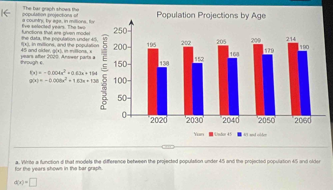 The bar graph shows the 
population projections of 
a country, by age, in millions. 
five selected years. The two 
functions that are given mode 
the data, the population under
f(x) , in millions, and the popul
45 and older, g(x) , in millions,
years after 2020. Answer part 
through c.
f(x)=-0.004x^2+0.63x+194
g(x)=-0.008x^2+1.63x+138
a. Write a function d that models the difference between the projected population under 45 and the projected population 45 and older 
for the years shown in the bar graph.
d(x)=□