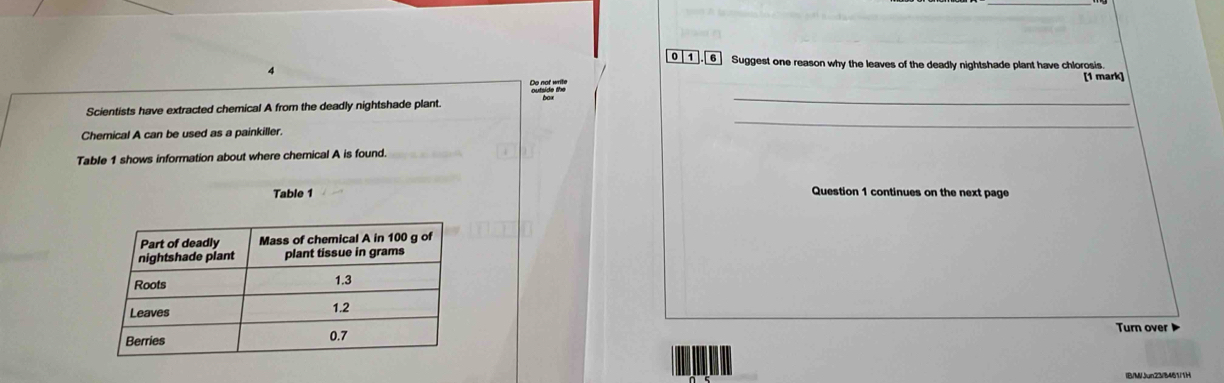 0 1 6 Suggest one reason why the leaves of the deadly nightshade plant have chlorosis. 
4 
[1 mark] 
_ 
_ 
Scientists have extracted chemical A from the deadly nightshade plant. 
Chemical A can be used as a painkiller. 
Table 1 shows information about where chemical A is found. 
Table 1 Question 1 continues on the next page 
Turn over ▶ 
IB/M/Jun23/8461/1H