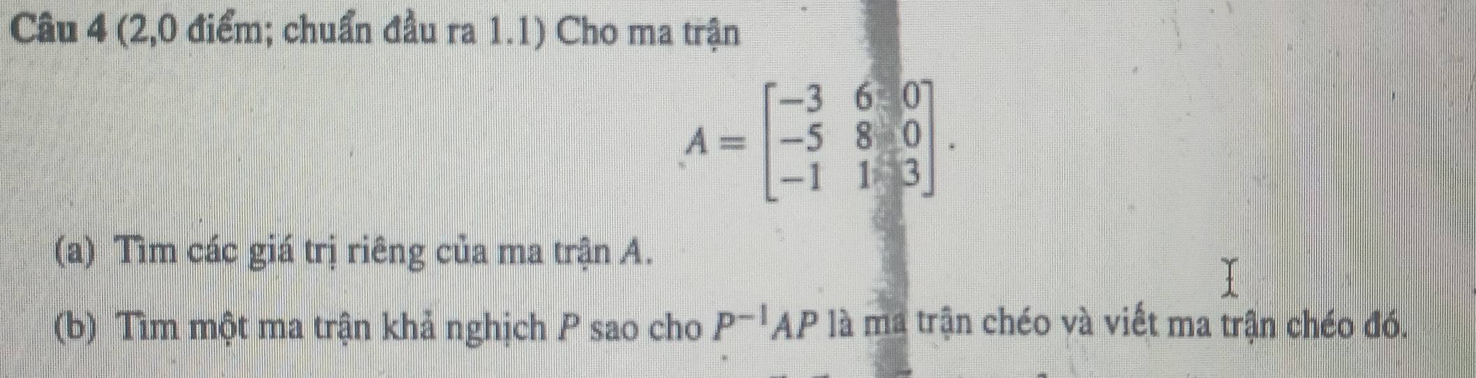 (2,0 điểm; chuẩn đầu ra 1.1) Cho ma trận
A=beginbmatrix -3&6&0 -5&8&0 -1&1&3endbmatrix. 
(a) Tìm các giá trị riêng của ma trận A. 
(b) Tìm một ma trận khả nghịch P sao cho P^(-1)AP là ma trận chéo và viết ma trận chéo đó.