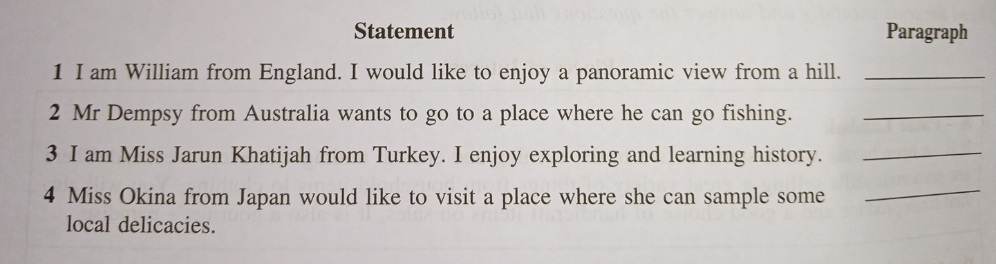 Statement Paragraph 
1 I am William from England. I would like to enjoy a panoramic view from a hill._ 
2 Mr Dempsy from Australia wants to go to a place where he can go fishing._ 
3 I am Miss Jarun Khatijah from Turkey. I enjoy exploring and learning history._ 
4 Miss Okina from Japan would like to visit a place where she can sample some_ 
local delicacies.