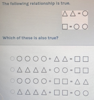 The following relationship is true.
=bigcirc
□ =bigcirc bigcirc
Which of these is also true?
^·  + △ △ =□ □
+bigcirc bigcirc =□ □
= frac  +□ □ =
+□ □ =bigcirc bigcirc