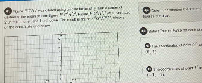 Figure FGHI was dilated using a scale factor of  1/3  with a center of
dilation at the origin to form figure F'G'H'I'. Figure F'G'H'I' was translated Determine whether the stateme
2 units to the left and 1 unit down. The result is figure F''G''H''I'' , shown figures are true.
on the coordinate grid below.
Select True or False for each sta
The coordinates of point G' ar
(0,1). 
The coordinates of point I' ar
(-1,-1).
F'' G''