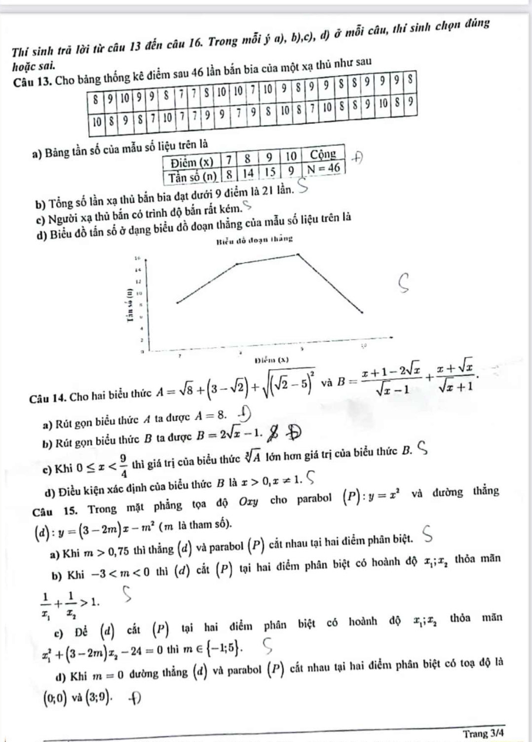 Thí sinh trã lời từ câu 13 đến câu 16. Trong mỗi ý a), b),c), d) ở mỗi câu, thỉ sinh chọn đủng
hoặc sai.
Câu 13. sau 46 lần bắn bia của một xạ thủ như sau
a) Bảng tần số của m
b) Tổng số lần xạ thủ bắn bia đạt dưới 9 điểm là 21
c) Người xạ thủ bắn có trình độ bắn rắt kém.
d) Biểu đồ tần số ở dạng biểu đồ doạn thẳng của mẫu số liệu trên là
Biểu đồ đoạn thắng
16
14
1
-3 14
5
;
9
Điễm (x)
Câu 14. Cho hai biểu thức A=sqrt(8)+(3-sqrt(2))+sqrt((sqrt 2)-5)^2 và B= (x+1-2sqrt(x))/sqrt(x)-1 + (x+sqrt(x))/sqrt(x)+1 .
a) Rút gọn biểu thức A ta được A=8.
b) Rút gọn biểu thức B ta được B=2sqrt(x)-1. 8 _ ^circ 
c) Khi 0≤ x thì giá trị của biểu thức sqrt[3](A) lớn hơn giá trị của biểu thức B.
d) Điều kiện xác định của biểu thức B là x>0,x!= 1.
Câu 15. Trong mặt phẳng tọa độ Oxy cho parabol (P):y=x^2 và dường thẳng
(d):y=(3-2m)x-m^2 ( m là tham số).
a) Khi m>0,75 thì thẳng (d) và parabol (P) cắt nhau tại hai điểm phân biệt.
b) Khi -3 thì (d) cắt (P) tại hai điểm phân biệt có hoành độ x_1;x_2 thỏa mãn
frac 1x_1+frac 1x_2>1.
c) Để (d) cắt (P) tại hai điểm phân biệt có hoành độ x_1;x_2 thỏa mān
x_1^(2+(3-2m)x_2)-24=0 thì m∈  -1;5 .
d) Khi m=0 đường thẳng (đ) và parabol (P) cắt nhau tại hai điểm phân biệt có toạ độ là
(0;0) và (3;9).
Trang 3/4