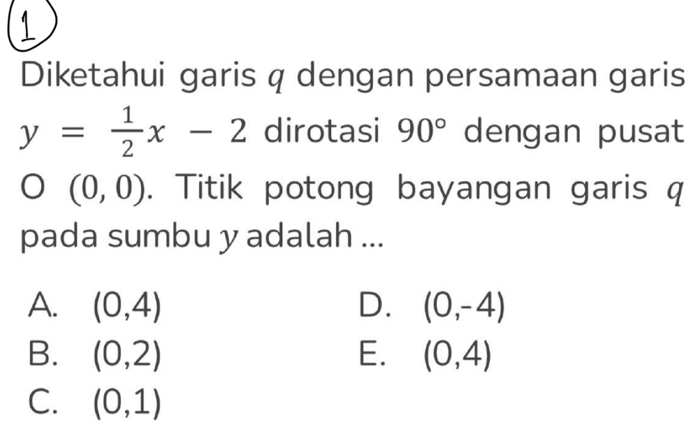 Diketahui garis q dengan persamaan garis
y= 1/2 x-2 dirotasi 90° dengan pusat
(0,0). Titik potong bayangan garis q
pada sumbu y adalah ...
A. (0,4) D. (0,-4)
B. (0,2) E. (0,4)
C. (0,1)