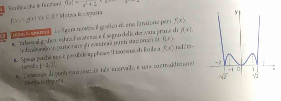 Verifica che le funzioni f(x)=frac x^2+2 x1=
f(x)=g(x)forall x∈ R ? Motiva la risposta.
85 teac it crárico  La figura mostra il grafico di una funzione pari f(x).. In base al grafico, valuta l'esistenza e il segno della derivata prima di f(x),
individuando in particolare gli eventuali punti stazionari di f(x).
Le Spiega perché non è possibile applicare il teorema di Rolle a f(x) nell'in-
tervallo [-2;2]
os L'esistenza di punti stazionari in tale intervallo è una contraddizione?
Motva la risposta