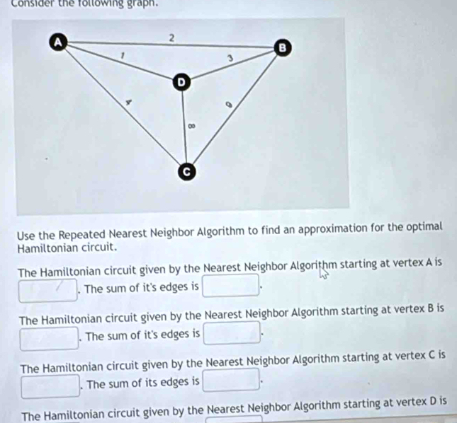 Solved: Consider the following graph. Use the Repeated Nearest Neighbor ...