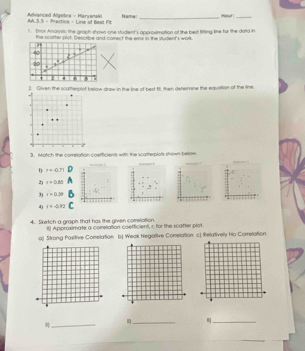 Advanced Algebra - Maryanski Name:_ 
Hour:_ 
AA.3.5 - Practice - Line of Best Fit 
1. Error Analysis: the graph shows one student's approximation of the best fitting line for the data in 
the scatter plot. Describe and correct the error in the student’s work.
y
40
20
0
2 4 6 8 x
2. Given the scatterplot below draw in the line of best fit, then determine the equation of the line. 
1 
3. Match the correlation coefficients with the scatterplots shown below. 
Scanterplot D 
1) r=-0.71 D 
2) r=0.85
3) r=0.39
4) r=-0.92 C 
4. Sketch a graph that has the given correlation. 
II) Approximate a correlation coefficient, r, for the scatter plot. 
a) Strong Positive Correlation b) Weak Negative Correlation c) Relatively No Correlation 
11)_ 
Ⅱ)_ 
u)_