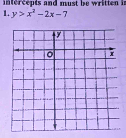 intercepts and must be written in 
1. y>x^2-2x-7