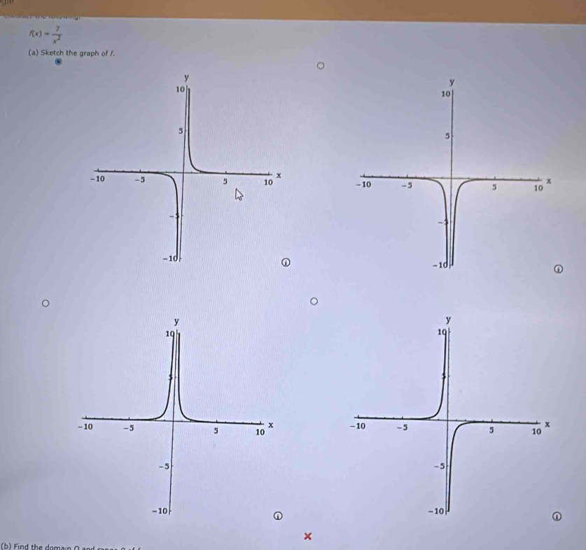 f(x)= 7/x^2 
(a) Sketch the graph of f. 




×