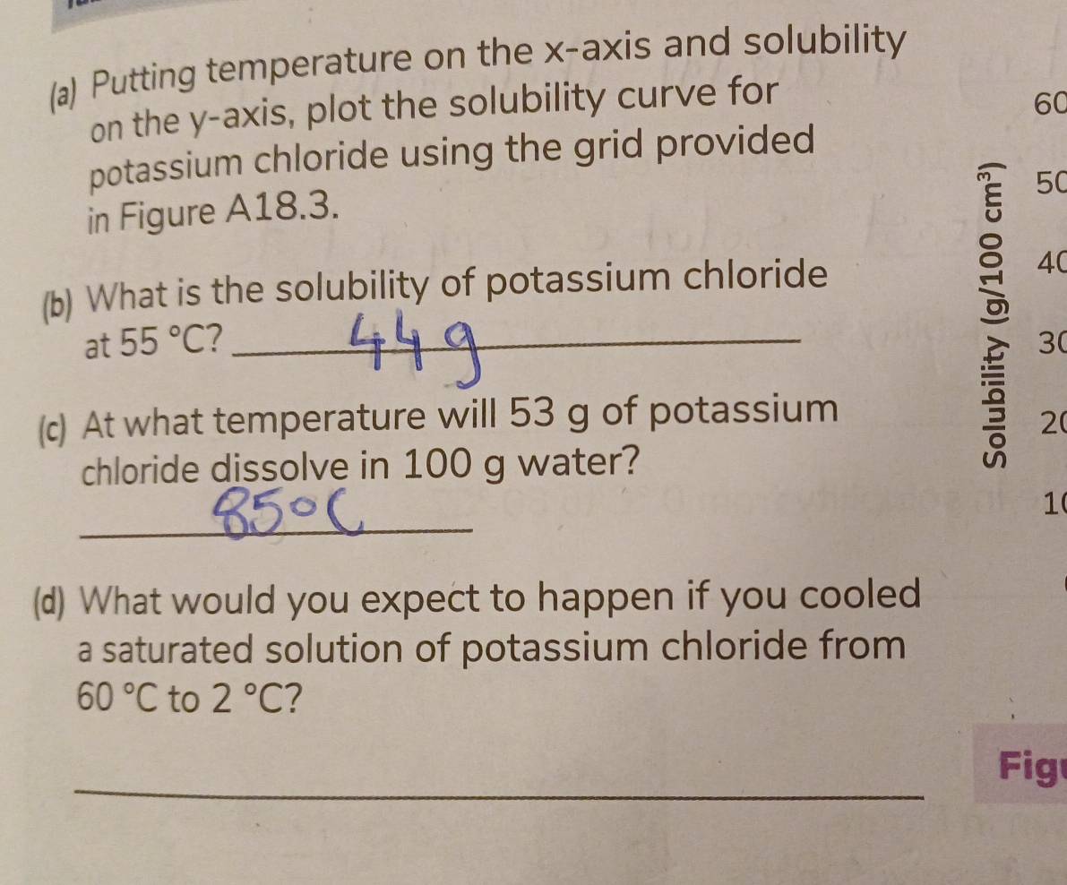 Putting temperature on the x-axis and solubility 
on the y-axis, plot the solubility curve for
60
potassium chloride using the grid provided
50
in Figure A18.3. 
(b) What is the solubility of potassium chloride 40
at 55°C 7 _30 
(c) At what temperature will 53 g of potassium
20
chloride dissolve in 100 g water? 
_ 
1 
(d) What would you expect to happen if you cooled 
a saturated solution of potassium chloride from
60°C to 2°C ? 
_ 
Fig