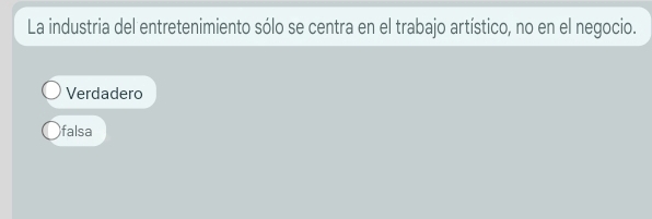 La industria del entretenimiento sólo se centra en el trabajo artístico, no en el negocio.
Verdadero
falsa