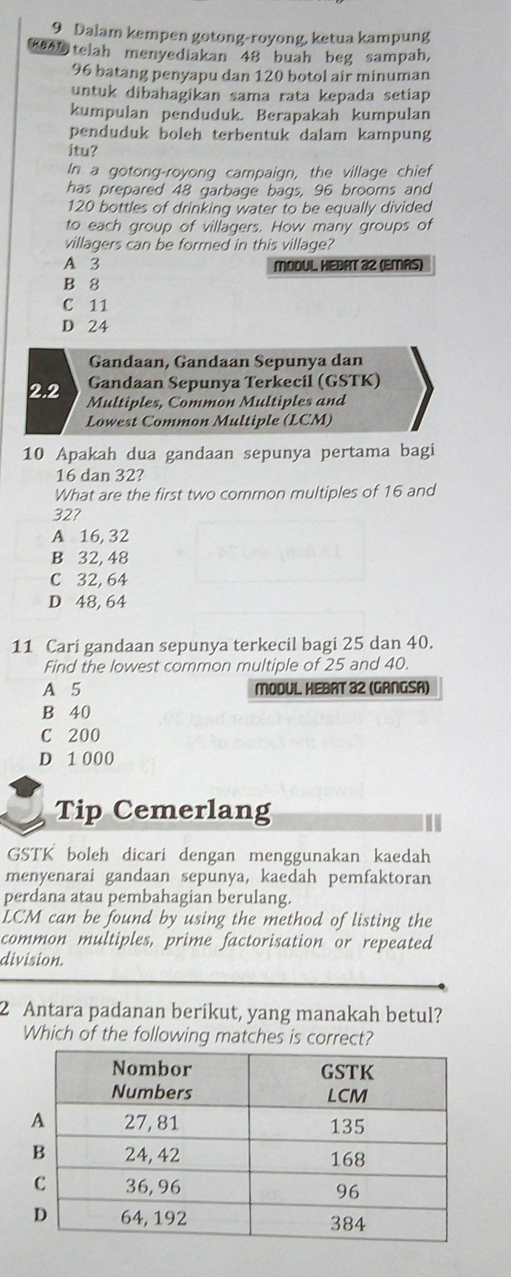 Dalam kempen gotong-royong, ketua kampung
*as telah menyediakan 48 buah beg sampah,
96 batang penyapu dan 120 botol air minuman
untuk dibahagikan sama rata kepada setiap
kumpulan penduduk. Berapakah kumpulan
penduduk boleh terbentuk dalam kampung
itu?
In a gotong-royong campaign, the village chief
has prepared 48 garbage bags, 96 brooms and
120 bottles of drinking water to be equally divided
to each group of villagers. How many groups of
villagers can be formed in this village?
A 3 MODUL HEBAT 32 (EMAS)
B 8
C 11
D 24
Gandaan, Gandaan Sepunya dan
Gandaan Sepunya Terkecil (GSTK)
2. 2 Multiples, Common Multiples and
Lowest Common Multiple (LCM)
10 Apakah dua gandaan sepunya pertama bagi
16 dan 32?
What are the first two common multiples of 16 and
32?
A 16, 32
B 32, 48
C 32, 64
D 48, 64
11 Cari gandaan sepunya terkecil bagi 25 dan 40.
Find the lowest common multiple of 25 and 40.
A 5 MODUL HEBAT 32 (GANGSA)
B 40
C 200
D 1 000
Tip Cemerlang
GSTK boleh dicari dengan menggunakan kaedah
menyenarai gandaan sepunya, kaedah pemfaktoran
perdana atau pembahagian berulang.
LCM can be found by using the method of listing the
common multiples, prime factorisation or repeated
division.
2 Antara padanan berikut, yang manakah betul?
Which of the following matches is correct?