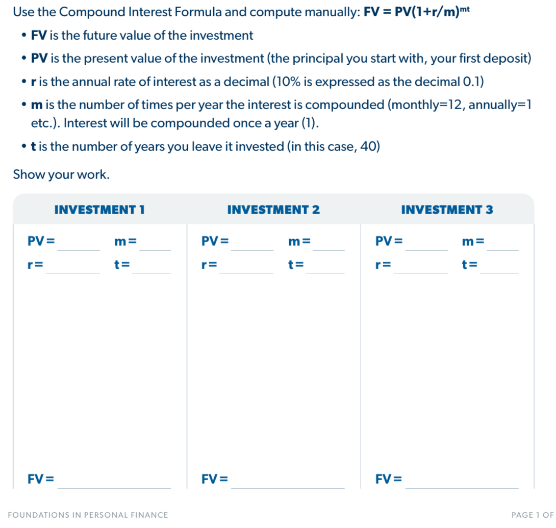 Solved: Use the Compound Interest Formula and compute manually: FV=PV(1 ...