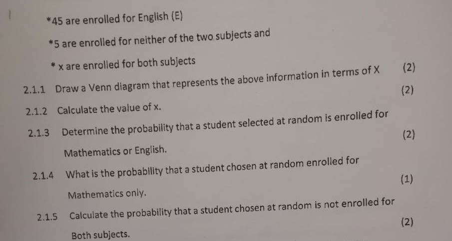 45 are enrolled for English (E) 
* 5 are enrolled for neither of the two subjects and
x are enrolled for both subjects 
2.1.1 Draw a Venn diagram that represents the above information in terms of X (2) 
(2) 
2.1.2 Calculate the value of x. 
2.1.3 Determine the probability that a student selected at random is enrolled for 
(2) 
Mathematics or English. 
2.1.4 What is the probability that a student chosen at random enrolled for 
(1) 
Mathematics only. 
2.1.5 Calculate the probability that a student chosen at random is not enrolled for 
(2) 
Both subjects.