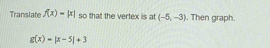 Translate f(x)=|x| so that the vertex is at (-5,-3). Then graph.
g(x)=|x-5|+3