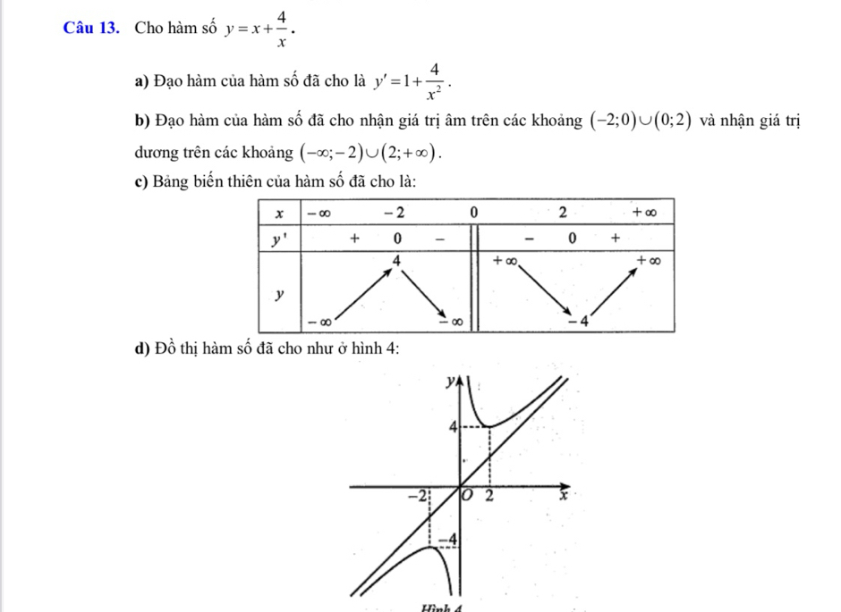 Cho hàm số y=x+ 4/x .
a) Đạo hàm của hàm số đã cho là y'=1+ 4/x^2 .
b) Đạo hàm của hàm số đã cho nhận giá trị âm trên các khoảng (-2;0)∪ (0;2) và nhận giá trị
dương trên các khoảng (-∈fty ;-2)∪ (2;+∈fty ).
c) Bảng biến thiên của hàm số đã cho là:
d) Đồ thị hàm số đã cho như ở hình 4:
y
4
-2 0 2 x
-4
Hình