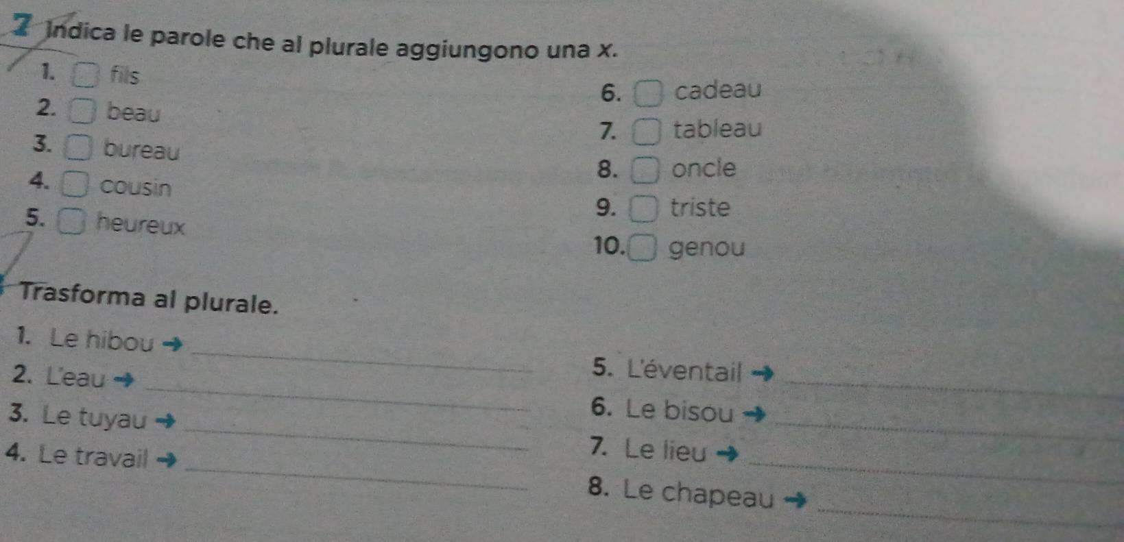 ndica le parole che al plurale aggiungono una x. 
1. fils 
6. cadeau 
2. beau 
7. tableau 
3. bureau 
8. □ oncle 
4. cousin 
9. triste 
5. ^ heureux 
10. genou 
Trasforma al plurale. 
_ 
1. Le hibou 
5. L'éventail 
_ 
_ 
2. Leau _6. Le bisou_ 
3. Le tuyau 
7. Le lieu 
_ 
4. Le travail _8. Le chapeau_