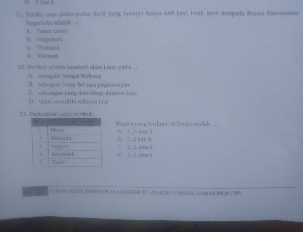 D. 3 dan 4
31. Terdiri atas pulau-pulau kecil yang luasnya hanya 660km^2 , lebih kecil daripada Brunei Darussalam.
Negara itu adalah ....
A. Timor Leste
B. Singapura
C. Thailand
D. Vietnam
32. Berikut adalah keadaan alam Laos, yaitu ....
A. mengalir Sungai Mekong
B. sebagian besar berupa pegunungan
C. cekungan yang dikelilingi dataran luas
D. tidak memiliki wilayah laut
33. Perbatikan tabel berikut!
Negara yang terdapat di Eropa adalah ....
A. 1, 2, dan 3
B. 1, 2 dan 4
C. 2, 3, dan 4
D. 2, 4, dan 5
UHAN SEKOLAH/MADRASAH-SD/MI TP. 2014/2015 | DISDIK-SAMARINDA | IPS