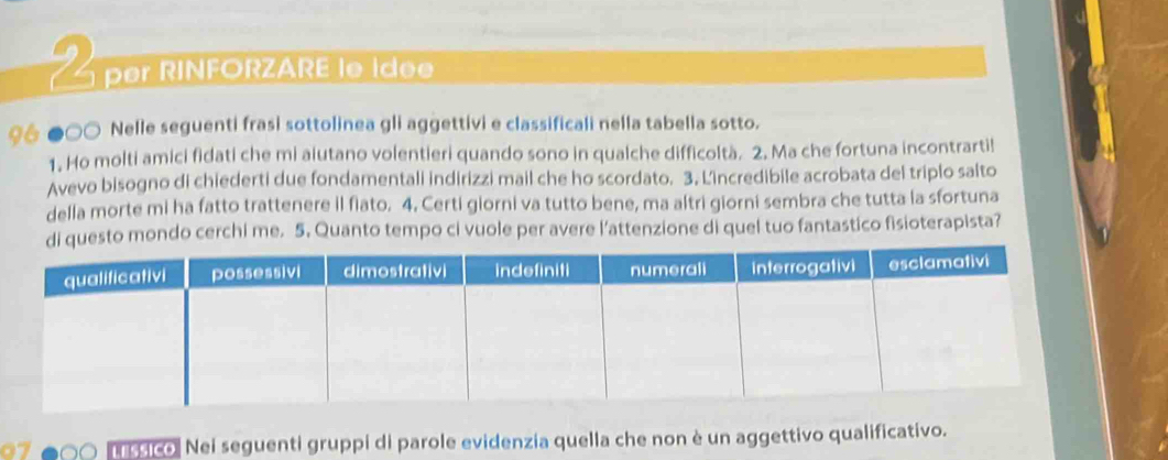 per RINFORZARE le idee 
96 ●○○ Nelle seguenti frasi sottolinea gli aggettivi e classificali nella tabella sotto. 
1. Ho molti amici fidati che mi alutano volentieri quando sono in qualche difficoltà. 2. Ma che fortuna incontrarti! 
Avevo bisogno di chiederti due fondamentali indirizzi mail che ho scordato. 3. L'incredibile acrobata del triplo salto 
della morte mi ha fatto trattenere il fiato. 4. Certi giorni va tutto bene, ma altri giorni sembra che tutta la sfortuna 
di questo mondo cerchi me. 5. Quanto tempo ci vuole per avere l'attenzione di quel tuo fantastico fisioterapista? 
07 9co Nei seguenti gruppi di parole evidenzia quella che non è un aggettivo qualificativo.