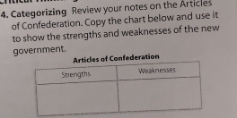 Categorizing Review your notes on the Articles 
of Confederation. Copy the chart below and use it 
to show the strengths and weaknesses of the new 
government.