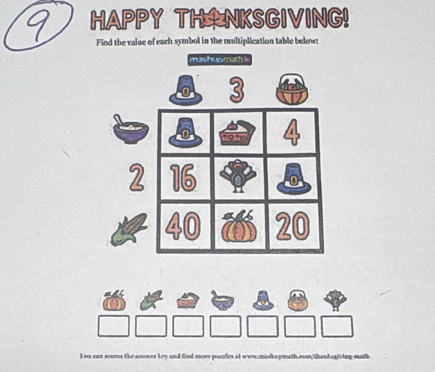 HAPPY THNKSGIVING! 
Find the value of each symbol in the multiplication table below: 
mashuomath i
0 3
a
6 16
0
40
20
) on ean anems the anower bry and fied more paries ot a wreetaln peth com thenkagiving eanth