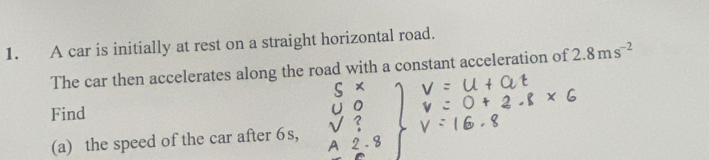 A car is initially at rest on a straight horizontal road. 
The car then accelerates along the road with a constant acceleration of 2.8ms^(-2)
Find 
(a) the speed of the car after 6s,  ?