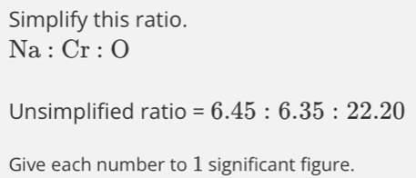 Simplify this ratio.
Na:Cr:O
Unsimplified ratio =6.45:6.35:22.20
Give each number to 1 significant figure.