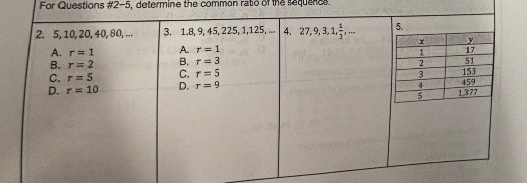 For Questions #2-5, determine the common ratio of the sequence.