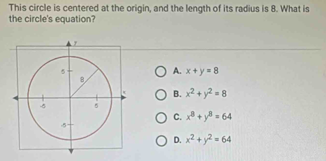 This circle is centered at the origin, and the length of its radius is 8. What is
the circle's equation?
A. x+y=8
B. x^2+y^2=8
C. x^8+y^8=64
D. x^2+y^2=64