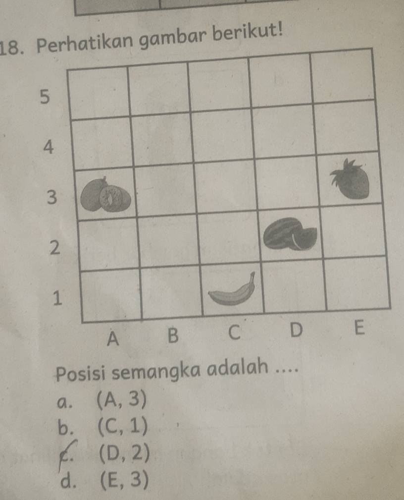 Perhatikan gambar berikut!
Posisi semangka adalah ....
a. (A,3)
b. (C,1)
K. (D,2)
d. (E,3)