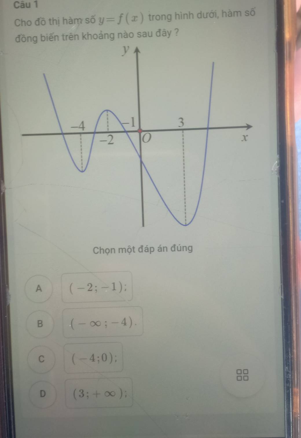 Cho đồ thị hàm số y=f(x) trong hình dưới, hàm số
đồng biến trên khoảng nào sau đây ?
Chọn một đáp án đúng
A (-2;-1)
B (-∈fty ;-4).
C (-4;0)
D (3;+∈fty )