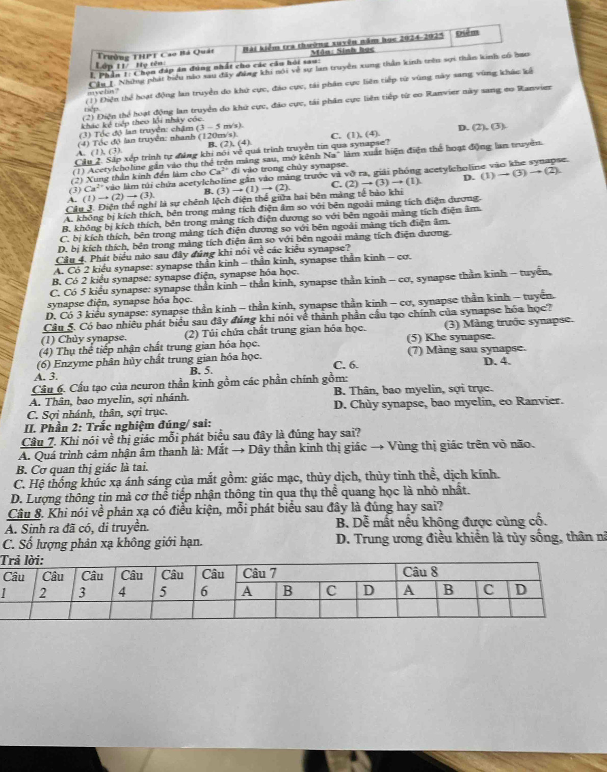 Trường THPT Cao Bá Quát Bài kiểm tra thường xuyên năm học 2024-2025 Điểm
Lớp 11/ Họ tên: Môu: Sinh học
I. Phần 1: Chọn đáp án đúng nhất cho các câu hồi sau:
Câu I. Những phát biểu nào sau đây đảng khi nói về sự lan truyền xung thần kinh trên sợi thần kinh có bao
(1) Điện thể hoạt động lan truyền do khử cực, đảo cực, tái phân cực liên tiếp từ vùng này sang vùng khác kể
myeln?
(2) Điện thể hoạt động lan truyền do khử cực, đảo cực, tái phân cực liên tiếp từ co Ranvier này sang co Ranvier
tep
khác kể tiếp theo lồi nhảy cóc.
(3) Tốc độ lan truyền: chậm (3-5m/s)
D. (2),(3)
(4) Tốc độ lan truyền: nhanh (120m/s).
A. ( 1)(3 ). C. (1), (4).
B. (2),(4)
Cầu 2. Sắp xếp trình tự đúng khi nói về quá trình truyền tin qua synapse?
(1) Acetylcholine gắn vào thụ thể trên màng sau, mở kênh Na" làm xuất hiện điện thể hoạt động lan truyền.
(2) Xung thần kinh đến làm cho Ca^(2+) đi vào trong chùy synapse.
D.
(3) Ca^(2+) vào làm túi chứa acetylcholine gắn vào màng trước và vỡ ra, giải phống acetylcholin
A. ( )to (2)to (3). B. (3) to (1)to (2). C. (2)to (3)to (1). (1)to (3)to (2).
Câu 3. Điện thể nghỉ là sự chênh lệch điện thế giữa hai bên màng tế bào khi
A. không bị kích thích, bên trong màng tích điện âm so với bên ngoài màng tích điện dương.
B. không bị kích thích, bên trong màng tích điện dương so với bên ngoài màng tích điện âm.
C. bị kích thích, bên trong màng tích điện dương so với bên ngoài màng tích điện âm.
D. bị kích thích, bên trong màng tích điện âm so với bên ngoài màng tích điện dương.
Câu 4. Phát biểu nào sau đây đúng khi nói ve^2 các kiểu synapse?
A. Có 2 kiểu synapse: synapse thần kinh - thần kinh, synapse thần kinh - cơ.
B. Có 2 kiểu synapse: synapse điện, synapse hóa học.
C. Có 5 kiểu synapse: synapse thần kinh - thần kinh, synapse thần kinh - cơ, synapse thần kinh - tuyển,
synapse điện, synapse hóa học.
D. Có 3 kiểu synapse: synapse thần kinh - thần kinh, synapse thần kinh - cơ, synapse thần kinh - tuyển.
Câu 5. Có bao nhiêu phát biểu sau đây đúng khi nói về thành phần cầu tạo chính của synapse hóa học?
(1) Chùy synapse. (2) Túi chứa chất trung gian hóa học. (3) Màng trước synapse.
(5) Khe synapse.
(4) Thụ thể tiếp nhận chất trung gian hóa học.
(6) Enzyme phân hủy chất trung gian hóa học. C. 6. (7) Màng sau synapse.
D. 4.
A. 3. B. 5.
Cầu 6. Cấu tạo của neuron thần kinh gồm các phần chính gồm:
B. Thân, bao myelin, sợi trục.
A. Thân, bao myelin, sợi nhánh.
C. Sợi nhánh, thân, sợi trục. D. Chùy synapse, bao myelin, eo Ranvier.
II. Phần 2: Trắc nghiệm đúng/ sai:
Câu 7. Khi nói về thị giác mỗi phát biểu sau đây là đúng hay sai?
A. Quá trình cảm nhận âm thanh là: Mắt → Dây thần kinh thị giác → Vùng thị giác trên vỏ não.
B. Cơ quan thị giác là tai.
C. Hệ thống khúc xạ ánh sáng của mắt gồm: giác mạc, thủy dịch, thủy tinh thể, dịch kính.
D. Lượng thông tin mà cơ thể tiếp nhận thông tin qua thụ thể quang học là nhỏ nhất.
Câu 8. Khi nói về phản xạ có điều kiện, mỗi phát biểu sau đây là đúng hay sai?
A. Sinh ra đã có, di truyền. B. Dễ mất nếu không được củng cố.
C. Số lượng phân xạ không giới hạn.  D. Trung ương điều khiển là tủy sống, thân nã
