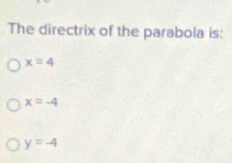 The directrix of the parabola is:
x=4
x=-4
y=-4