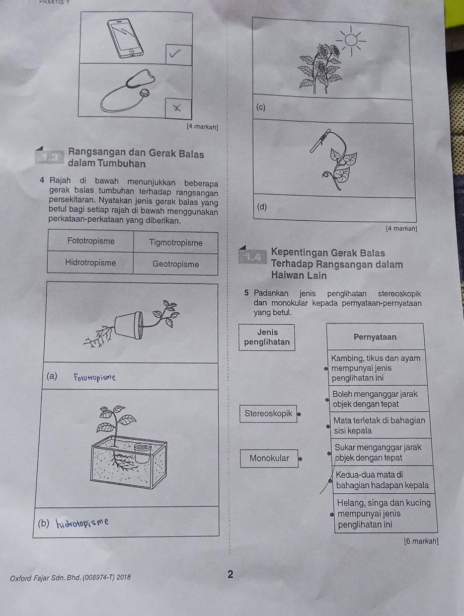 [4 markah] 
Rangsangan dan Gerak Balas 
dalam Tumbuhan 
4 Rajah di bawah menunjukkan beberapa 
gerak balas tumbuhan terhadap rangsangan 
persekitaran. Nyatakan jenis gerak balas yang (d) 
betul bagi setiap rajah di bawah menggunakan 
perkataan-perkataan yang diberikan. [4 markah] 
Fototropisme Tigmotropisme 
Kepentingan Gerak Balas 
Hidrotropisme Geotropisme Terhadap Rangsangan dalam 
Haiwan Lain 
5 Padankan jenis penglihatan stereoskopik 
dan monokular kepada pernyataan-pernyataan 
yang betul. 
Jenis Pernyataan 
penglihatan 
Kambing, tikus dan ayam 
mempunyai jenis 
(a) Folurropisme penglihatan ini 
Boleh menganggar jarak 
objek dengan tepat 
Stereoskopik 
Mata terletak di bahagian 
sisi kepala 
Sukar menganggar jarak 
Monokular objek dengan tepat 
Kedua-dua mata di 
bahagian hadapan kepala 
Helang, singa dan kucing 
mempunyai jenis 
(b) hidrotopisme penglihatan ini 
[6 markah] 
Oxford Fajar Sdn. Bhd. (008974-T) 2018 
2