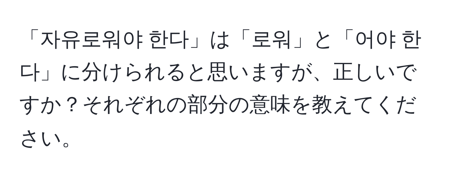 「자유로워야 한다」は「로워」と「어야 한다」に分けられると思いますが、正しいですか？それぞれの部分の意味を教えてください。