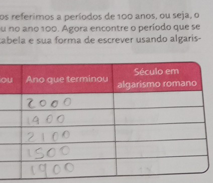 os referimos a períodos de 100 anos, ou seja, o 
su no ano 100. Agora encontre o período que se 
tabela e sua forma de escrever usando algaris- 
o