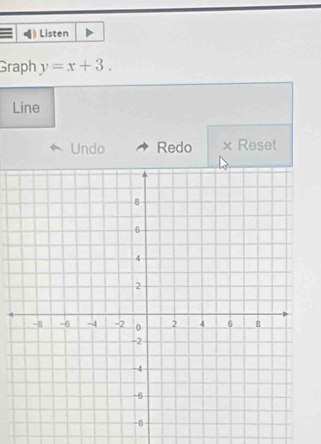 Listen 
Graph y=x+3. 
Line 
Undo Redo × Reset