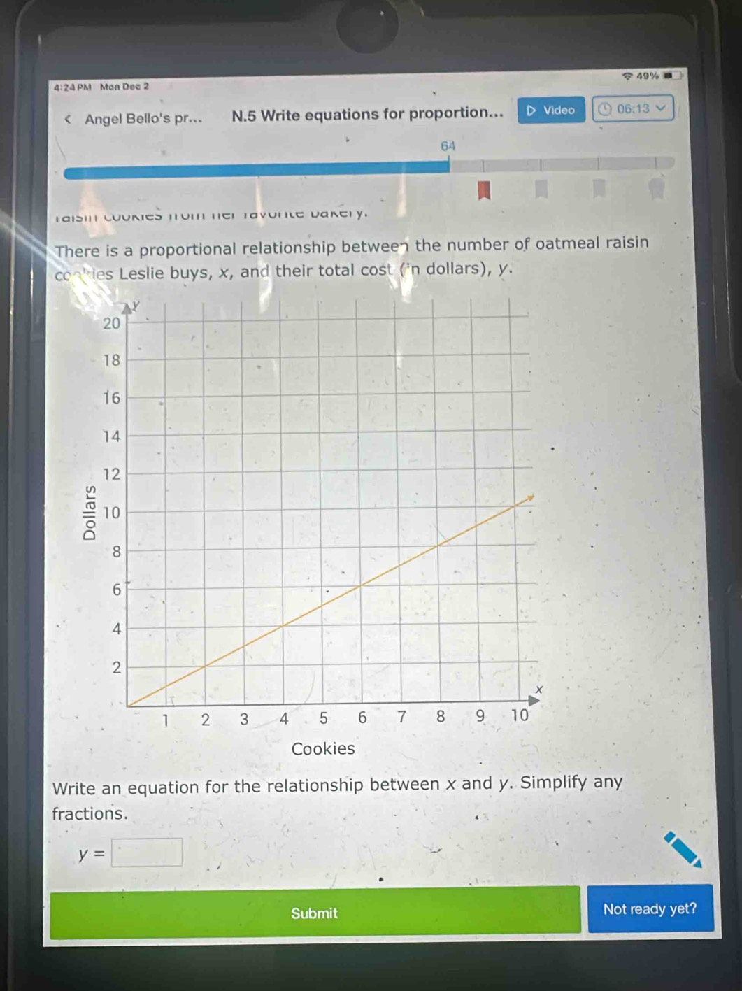 49% 
4:24 PM Mon Dec 2 
< Angel Bello's pr... N.5 Write equations for proportion... Video 06:13 v 
64 
raisin coukies from her ravonte Dakery. 
There is a proportional relationship between the number of oatmeal raisin 
cookies Leslie buys, <tex>x, and their total cost ('n dollars), y. 
Cookies 
Write an equation for the relationship between x and y. Simplify any 
fractions.
y=□
Submit Not ready yet?