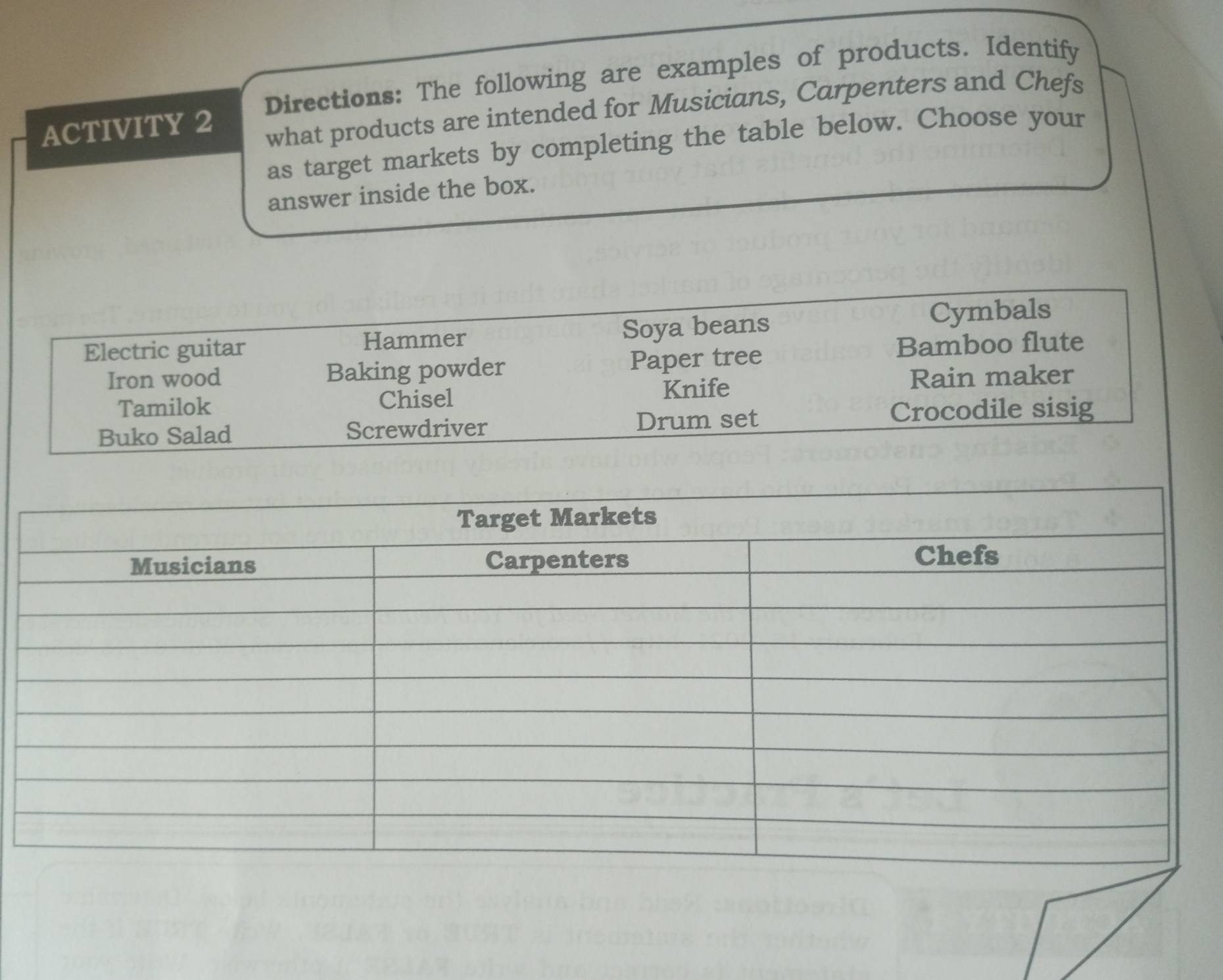 Directions: The following are examples of products. Identify 
ACTIVITY 2 
what products are intended for Musicians, Carpenters and Chefs 
as target markets by completing the table below. Choose your 
answer inside the box.