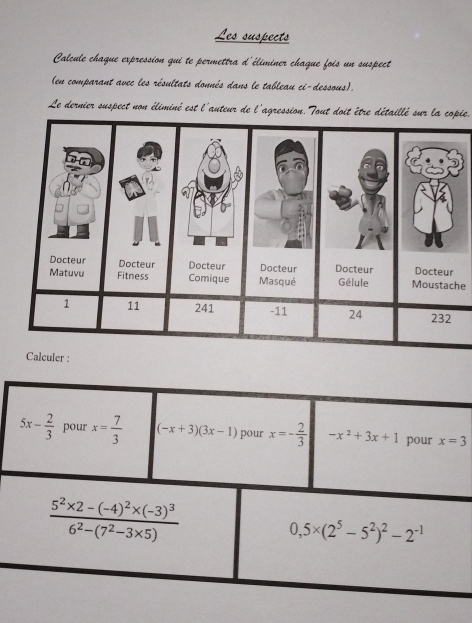 Les suspects 
Calcule chaque expression qui te permettra d'éliminer chaque fois un suspect 
(en comparant avec les résultats donnés dans le tableau ci-dessous), 
Le dernier suspect non éliminé est l'auteur de l'agression.Tout doit être détaillé sur la copie. 
he
5x- 2/3  pour x= 7/3  (-x+3)(3x-1) pour x=- 2/3  -x^2+3x+1 pour x=3
frac 5^2* 2-(-4)^2* (-3)^36^2-(7^2-3* 5)
0,5* (2^5-5^2)^2-2^(-1)