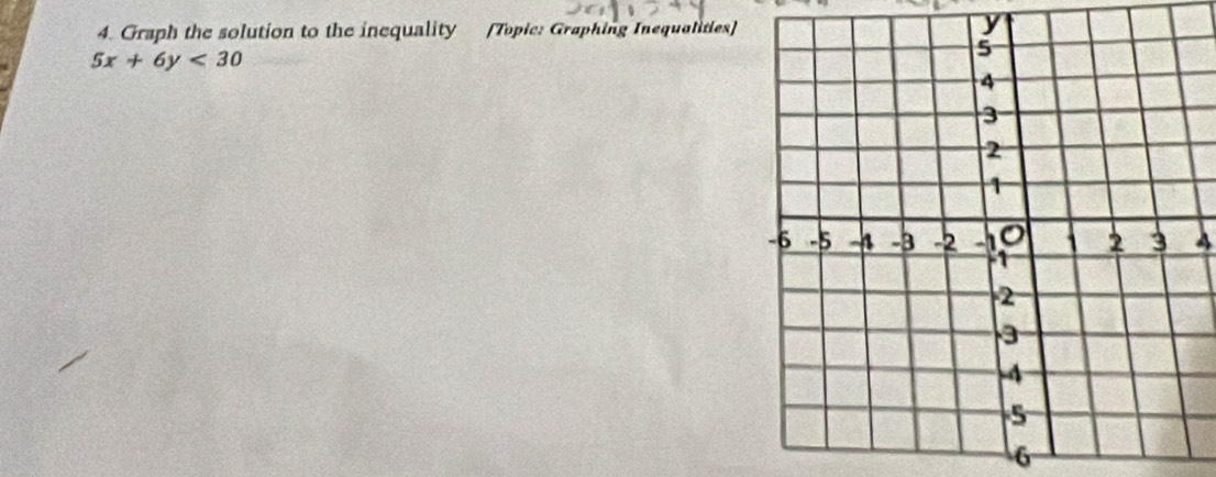 Graph the solution to the inequality [Topic: Graphing Inequalities]
5x+6y<30</tex> 
4
6