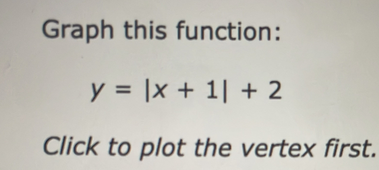 Graph this function:
y=|x+1|+2
Click to plot the vertex first.