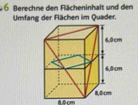 Berechne den Flächeninhalt und den 
Umfang der Flächen im Quader.
8,0 cm