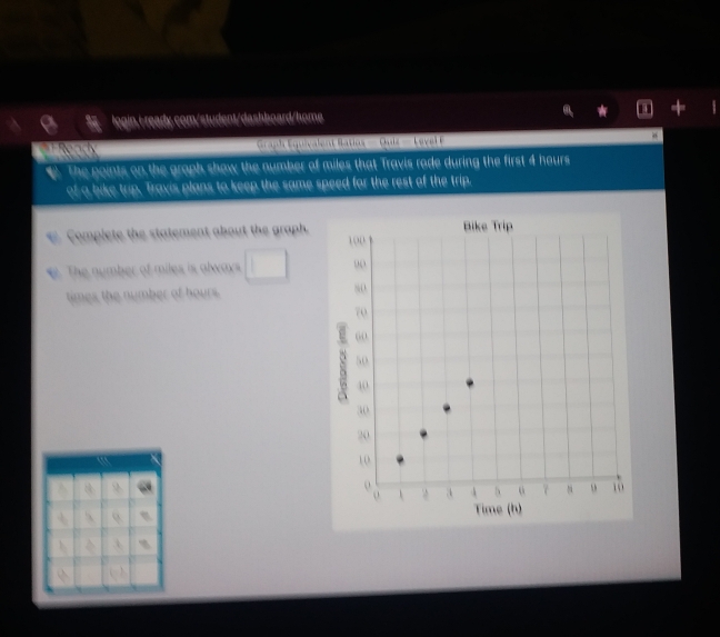 Ready Graph Equivalent Baios — Dus Leyel F “ 
e The points on the graph show the number of miles that Travis rode during the first 4 hours
of a bike trip. Travis plans to keep the same speed for the rest of the trip. 
€ Complete the statement about the graph. 
The number of miles is always 
times the number of hours.