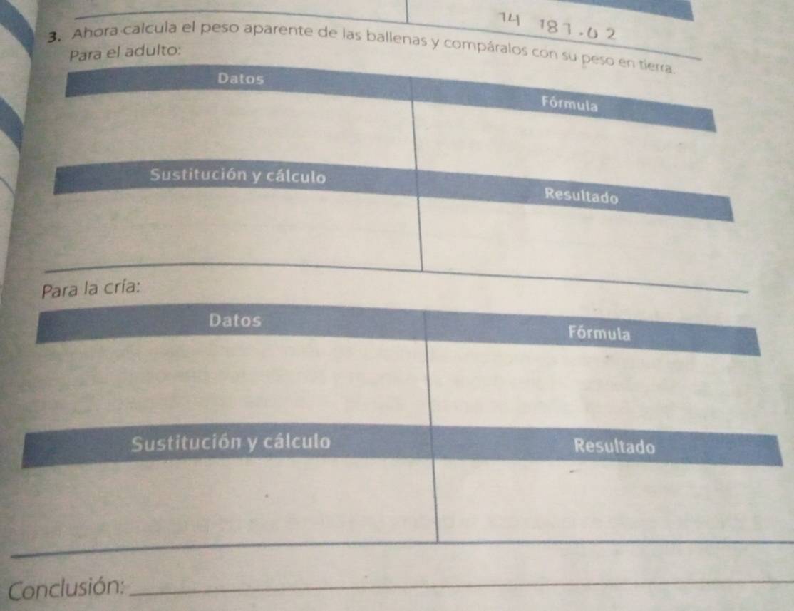 74 181.0 2 
3. Ahora calcula el peso aparente de las ballenas y compáralos con su peso en tierra 
Para el adulto: 
Datos 
Fórmula 
Sustitución y cálculo 
Resultado 
Conclusión:_